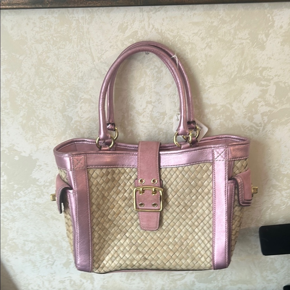 Coach Elegant Pink and Tan Tote with Woven Design
